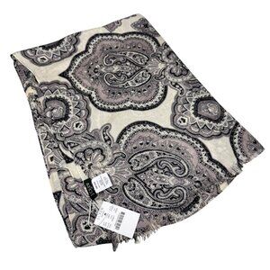 J. Crew Paisley Scarf Pashmina Wrap Cream Gray Fringe Old Money Preppy